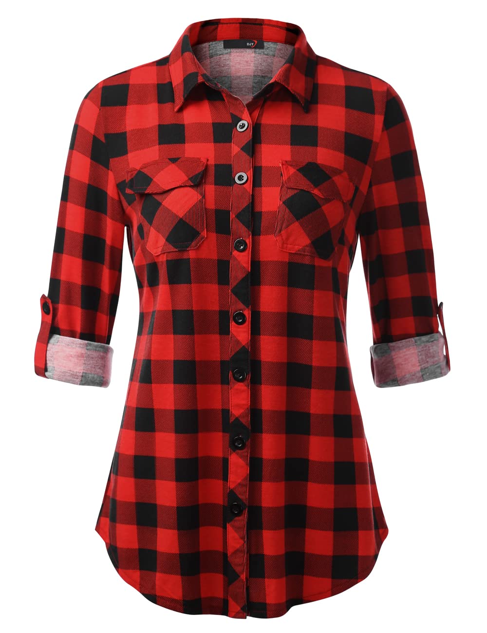 DJT Womens Soft Stretchy Knit Plaid Shirts Roll Up Long Sleeve Collared Button Down Blouses Tops